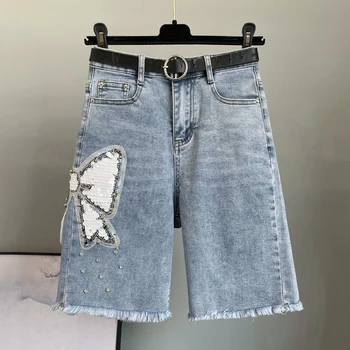 URIOR 2023 Летние Новые Универсальные джинсовые шорты с высокой талией, расшитые бисером, украшенные блестками и бантом, женские тонкие брюки-капри
