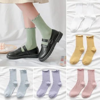 1 пара модных носков для экипажа, Кавайные носки с рюшами, хлопковые носки с оборками, Белые Японские Женские