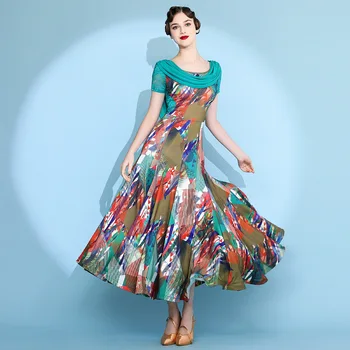 1 шт./лот, женское платье для бальных танцев с принтом, женское платье для вальса с коротким рукавом в цветочек