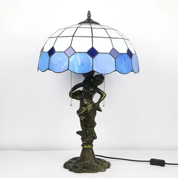 16-дюймовая Средиземноморская лампа от Тиффани, настольные лампы с синим абажуром из витражного стекла на основе элегантной женской смолы.