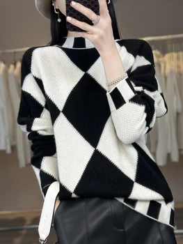 2023 Aliselect, Контрастный Осенне-зимний женский кашемировый свитер с имитацией горловины, женский вязаный пуловер, Модные свободные топы