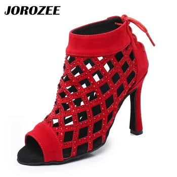2023 JOROZEE/ Новые женские ботинки для латиноамериканских танцев, красные, синие, замшевые, со стразами, на кубинском широком каблуке 10 см