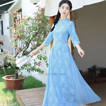 2023 ао дай традиционное вьетнамское платье улучшенное китайское платье чонсам в стиле ретро с национальным цветочным принтом вечернее платье ципао vestido