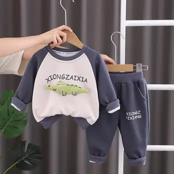 2023 Весенне-осенняя повседневная одежда для маленьких мальчиков из двух предметов, толстовка с надписью, Комплекты брюк, детская одежда, костюм для малышей от 1 до 6 лет