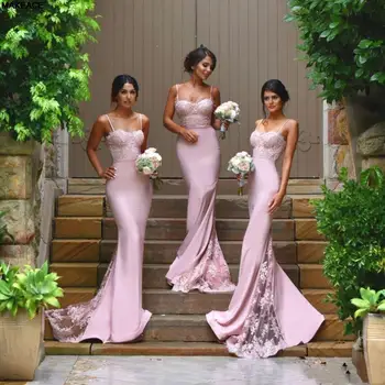 2023 Длинные платья подружек невесты в стиле русалки из кружева спагетти и эластана, платья подружек невесты с румянами из лайкры