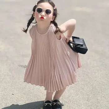 2023 Летнее платье для маленьких девочек, Элегантные Детские плиссированные платья принцессы без рукавов на день рождения, Детская одежда Vestidos