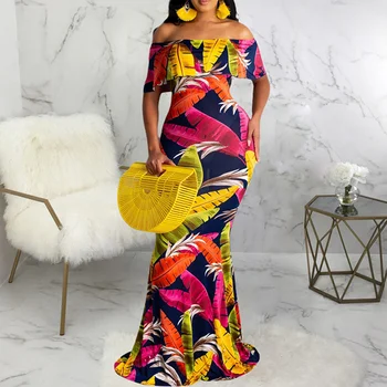 2023 Макси-платье с открытыми плечами с принтом Подсолнуха, женские повседневные длинные платья без бретелек с вырезом лодочкой