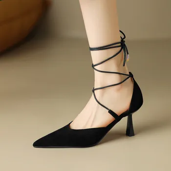 2023 Новые Черные неглубокие женские туфли-лодочки с перекрестным ремешком в гладиаторском стиле на тонких высоких каблуках, туфли на выпускном вечере, шпильки, Шикарная офисная обувь Абрикосового цвета
