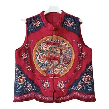 2023 традиционный китайский, винтажный жилет национальный цветок вышивка хлопок лен жилет ретро стенд воротник жилет костюм hanfu Тан 