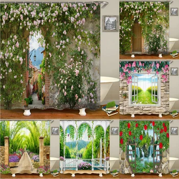 3D европейская сельская цветочная пейзажная печать водонепроницаемая занавеска для душа, полиэфирная занавеска для ванной, занавеска для украшения дома