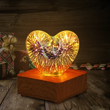 3D лампа в форме сердца, светодиодный фонарь в форме сердца, основание из цельного дерева, Настольное стекло, светодиодная лампа, теплый свет для дома, спальня для сна