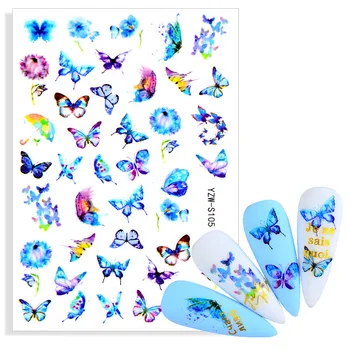 3D наклейки для ногтей, самоклеящиеся дизайнерские наклейки для ногтей, синие бабочки, наклейки с цветами для маникюра, украшения для ногтей