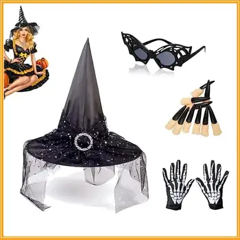 4шт Шляпа ведьмы на Хэллоуин с накладными ногтями, очки-летучая мышь, Перчатки, набор костюмов для косплея на Хэллоуин, вечерние принадлежности, прямая доставка