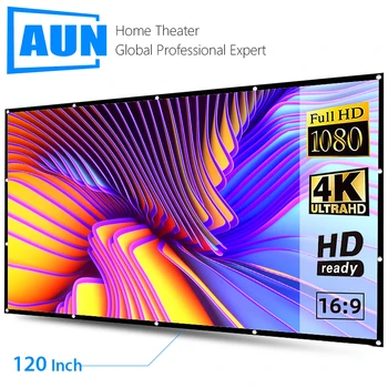 AUN 120-дюймовый Проекторный экран 16: 9 высокой яркости, Светоотражающая Складная белая сетка, Антисветовая занавеска HD для дома и улицы