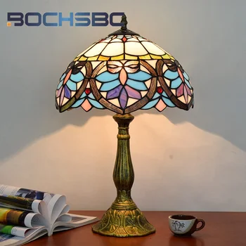 BOCHSBC Настольная лампа из витражного стекла Тиффани в стиле ретро-барокко, арт-деко, гостиная, бар, столовая, кабинет, спальня, прикроватная лампа для глаз