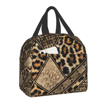 Bolsa de almuerzo térmica con estampado de leopardo geométrico étnico para mujeres y niños, bolso de almuerzo con aislamiento, E