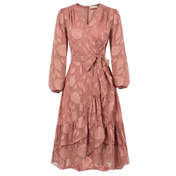 BP Женское винтажное платье с эластичной талией, длинным рукавом, V-образным вырезом, гофрированным подолом, длиной до колен, Шифоновые платья Aline Flowy Swing A30