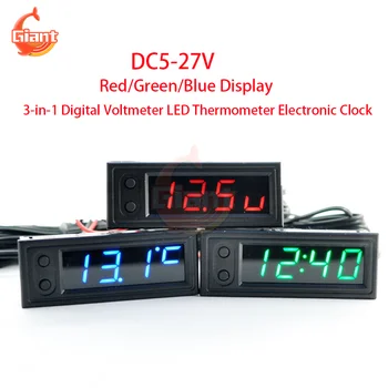 DC5-27V 3-в-1 Цифровой Вольтметр Светодиодный Термометр Электронные Часы Высокоточный Тестер Напряжения Монитор Красный/Зеленый/Синий Дисплей