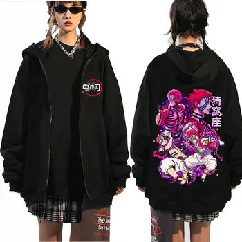 Demon Slayer Akaza Толстовка на молнии Аниме Мужские Женские Пуловеры Топы Harajuku Хип-хоп Уличная одежда