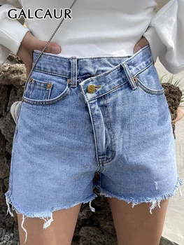 GALCAUR Асимметричные джинсовые шорты для женщин, высокая талия, Лоскутная пуговица, необработанный подол, Однотонные Свободные Короткие брюки, женская летняя одежда