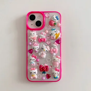 Ins Розовый Корейский Sanrio 3D Чехол для телефона Hello Kitty для iPhone 15 14 13 12 11 Pro Max Plus Anti-fall 14 Pro Задняя Крышка Подарок Для Девочки