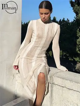 Inwoman, Длинное платье с вырезами, Вечернее платье для женщин, осень 2023, Вязаное платье Макси с круглым вырезом, Модное Облегающее платье