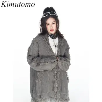Kimutomo Винтажный Свободный однотонный свитер с кисточками неправильной формы, женский элегантный вязаный кардиган с V-образным вырезом, открытым карманом, длинными рукавами