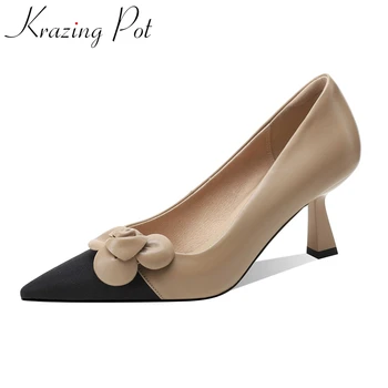 Krazing Pot, натуральная кожа, острый носок, необычные высокие каблуки, разноцветные французские романтические цветочные украшения, женские туфли-лодочки для зрелых женщин L15