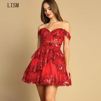 LISM Красное Милое Коктейльное Платье С Открытыми Плечами, Расшитое Блестками, Мини-Пышное платье С Оборками, Тюлевый Наряд На Заказ