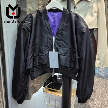 LUXE & ENVY Раннее Новое Корейское издание, Однотонная куртка с V-образным вырезом, карманом на молнии, рукавом в складку, Повседневное тонкое мотоциклетное пальто, осень 2023 г.