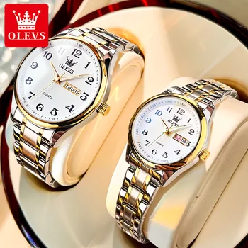 OLEVS Couple Watch Классические водонепроницаемые светящиеся деловые кварцевые часы из нержавеющей стали, Роскошные Элегантные мужские и женские часы для пары