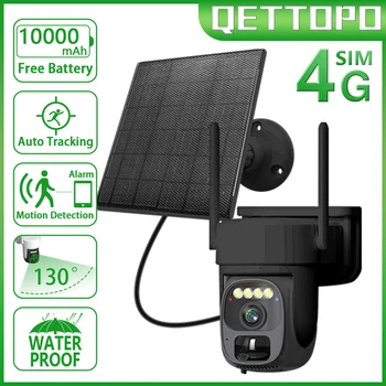 Qettopo 5MP 4G SIM-Карта Солнечная Камера Встроенный Аккумулятор Обнаружение Движения PIR Наружная Безопасность Видеонаблюдение PTZ WIFI Камера
