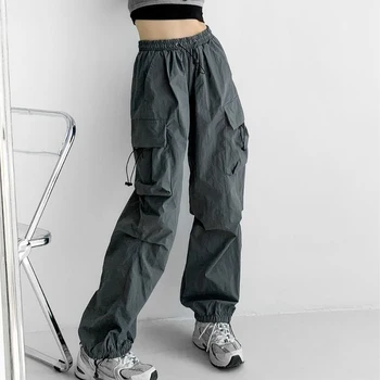 Rimocy 2023 Harajuku Мешковатые брюки-карго Женская уличная одежда в стиле хип-хоп, широкие брюки, Женские карманы, спортивные брюки с эластичной талией, женские