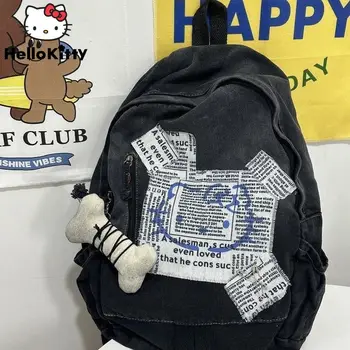 Sanrio Hello Kitty Summer New Letter Черный джинсовый рюкзак Y2k Мужской женский Мультяшный школьный рюкзак в японском стиле большой емкости