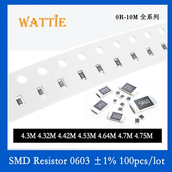 SMD резистор 0603 1% 4,3 М 4,32 М 4,42 М 4,53 М 4,64 М 4,7 М 4,75 М 100 шт./лот микросхемные резисторы 1/10 Вт 1,6 мм *0,8 мм