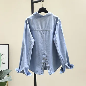 SuperAen Синяя Джинсовая Рубашка Куртка Женская Весна Осень 2023 Новая Корейская Свободная Рубашка С Длинным Рукавом Топ