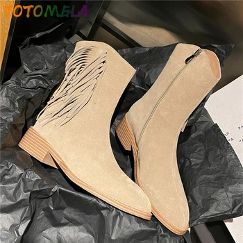 TOTOMELA, размер 34-43, сапоги в стиле Вестерн из коровьей замши, женская обувь, ботильоны на молнии с кисточками, Модные ботинки ручной работы на квадратном низком каблуке.
