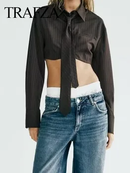 TRAF ZA Женская коричневая полосатая блузка с ультракоротким укороченным принтом и отложным воротником Женская Сексуальная модная рубашка Blusas Топы с длинными рукавами