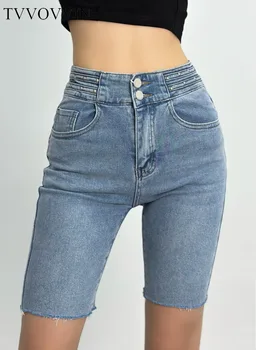 TVVOVVIN 2023 Летняя женская одежда в уличном стиле, модные прямые эластичные облегающие повседневные джинсы длиной до колен с высокой талией, 9OII