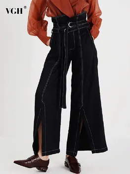 VGH повседневные Брюки со сплайсированным поясом, женские брюки с высокой талией, Slm, прямые широкие брюки с разрезом, женская весенняя модная одежда, Новинка