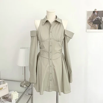 Y2K Сказочное однотонное винтажное мини-платье с открытыми плечами в женском стиле, повседневные шикарные платья с длинными рукавами, летняя женская юбка