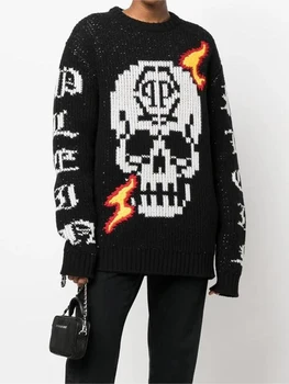 Y2K, трикотажная рубашка с рисунком черепа на улице Харадзюку, Женская осенняя новинка, свободный пуловер в стиле хип-хоп, мужской вязаный свитер
