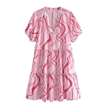 YENKYE 2023 Женское винтажное свободное платье в волнистую полоску с пышными рукавами и V-образным вырезом, женские короткие летние платья