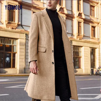 YESMOLA / Осенне-зимнее мужское пальто, однотонные шерстяные куртки с длинными рукавами, флисовое мужское пальто, Уличная мода, Длинный тренч, верхняя одежда
