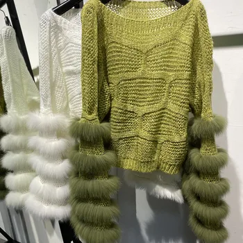 YOLOAgain Вязаный свитер с длинным рукавом из натурального лисьего меха, Женский 2023, Осенний Модный Пуловер с вырезами, женский свитер