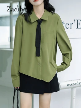 Zadily Офисная женская рубашка с длинным рукавом и галстуком 2023 Лето, асимметричная Женская блузка в Корейском стиле на пуговицах, топы для рабочей одежды