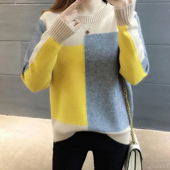 Zik Hekiy/ Женский вязаный теплый свитер в стиле пэчворк с круглым вырезом и длинным рукавом, милые пуловеры, Свободный повседневный свитер для женщин, осень 2023 г.