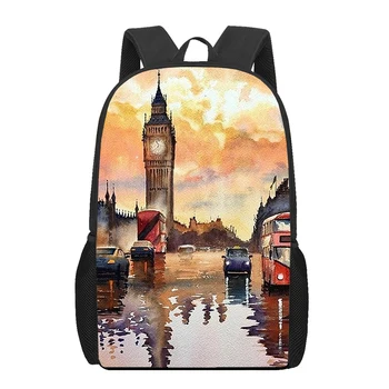 Акварельные картины Пейзажный рюкзак Лондонский Биг Бен Школьные сумки Картина маслом Художественная сумка для подростков 16 дюймов Студенческая сумка для книг