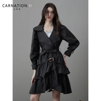 Асимметричный дизайн ниши с милыми и крутыми оборками по краю, черный тренч для женщин, весенне-осеннее пальто средней длины
