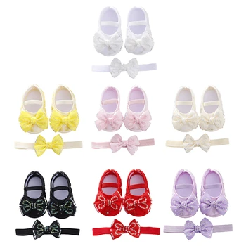 Балетки Мэри Джейн для маленьких девочек, расшитые бисером Туфли принцессы с бантом, платье, обувь для ходьбы и повязка на голову для новорожденного малыша